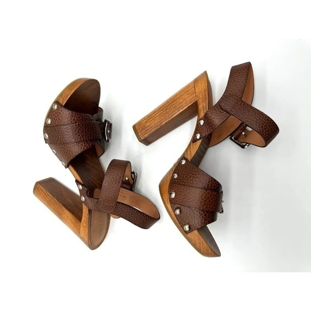Dolce & Gabbana Wooden Platform Heels Sandals Brown Leather Italy 35.5 NEW DEFEC